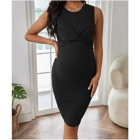 Maternity Ruched Sleeveless Ribbed Fitted Dress - Picture 3 of 7